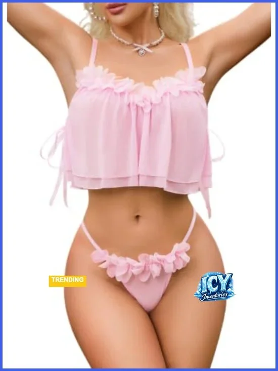 Sheer Mesh Floral Lingerie Set 2 Piece Cami Thong