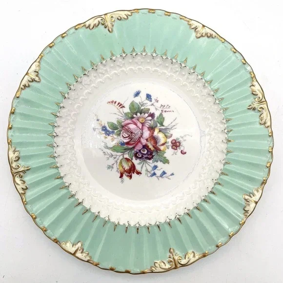Royal Crown Derby E. Ellis Hand Painted Floral Cabinet Plates Set 2 Green Gilt