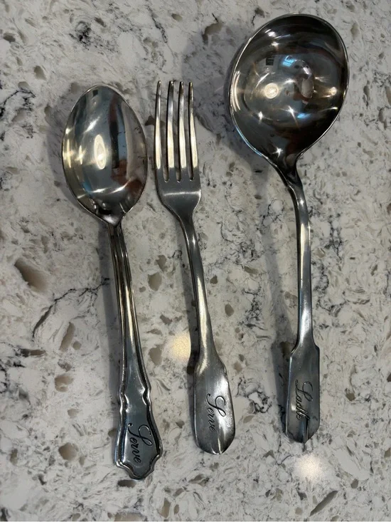 Pottery Barn Silver Engraved Serving Spoon, Fork & Ladle
