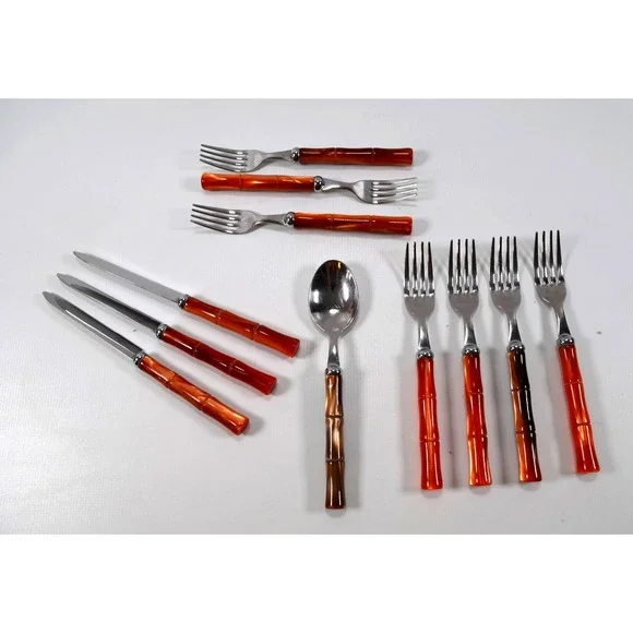 INOX 18/10 Faux Bamboo Flatware 11-Piece Resin Made in Italy‎ Stainless Vintage