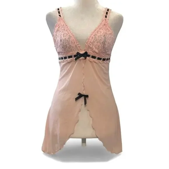 Vintage Oh La La Cheri Pink Mesh Babydoll Chemise Black Lace Bow Coquette M