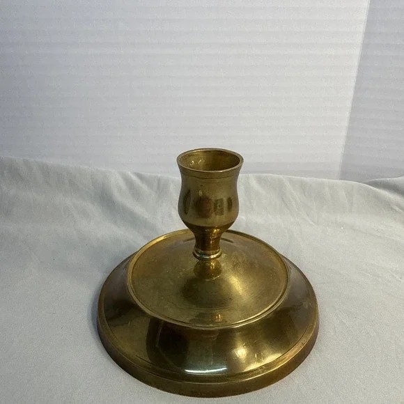 Vintage Solid Brass Taper Candlestick Holder Wide Round Tiered Base 4