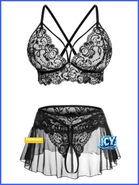 3 Piece Lace Lingerie Set with Bralette Mini Skirt & Thong