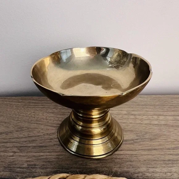 Solid Brass Pedestal Bowl Compote – Wide Shallow Dish on Turned Base 3 7/8