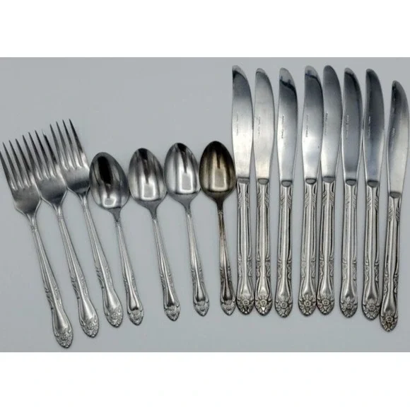 Vtg Kingston Present Verona Floral Pattern MCM‎ Stainless 8 Knife 4 Spoon 3 Fork