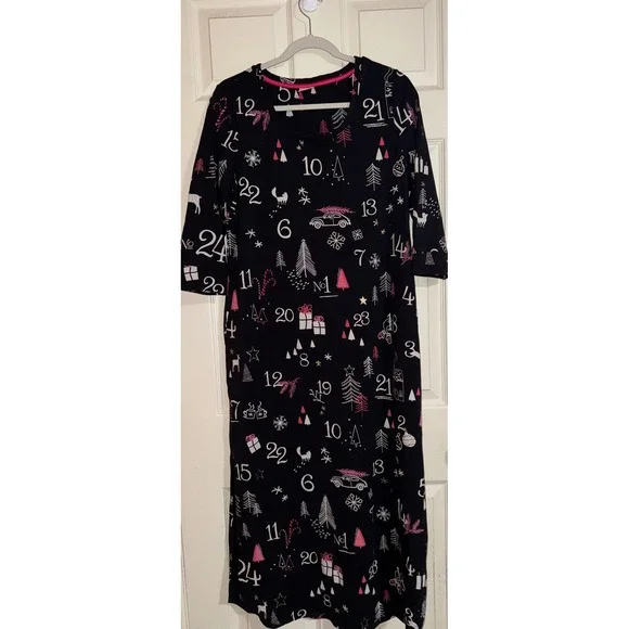 Soma Advent Calendar‎ Christmas Nightgown Black Pink Holiday Midi Sleepwear Med