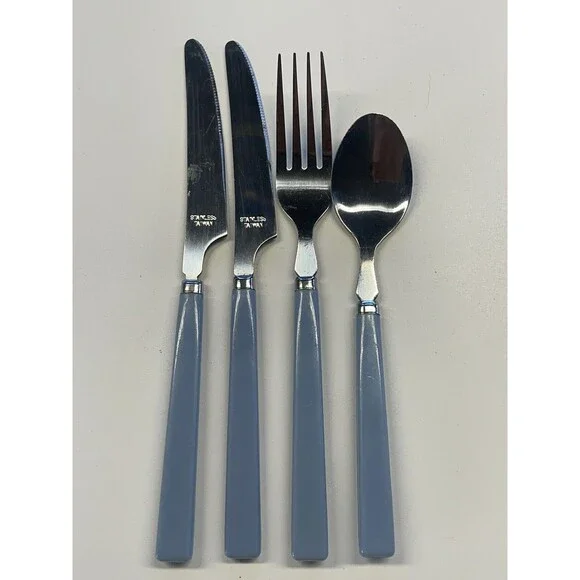 Vintage Cutlery Light Blue Plastic Handle Made In Taiwan 2 Knives 1 Fork 1 Spoon