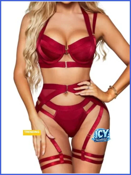 Strappy Harness Lingerie Set with Underwire Bra and Adjustable Garter Belt