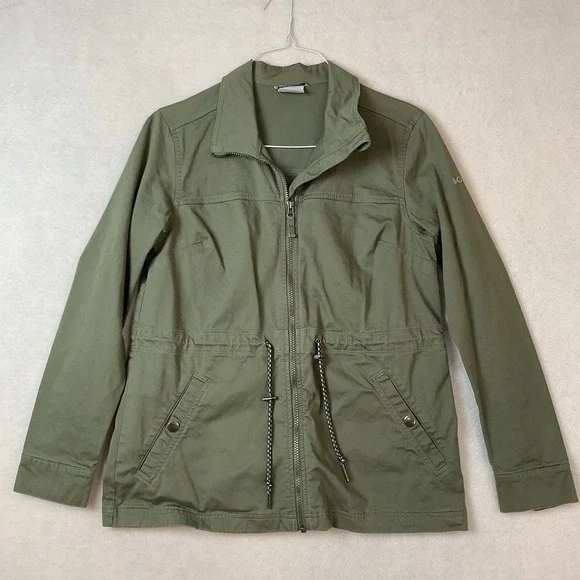 Columbia Jacket‎ Womens M Olive Green Utility Pockets Drawstring Waist Front Zip