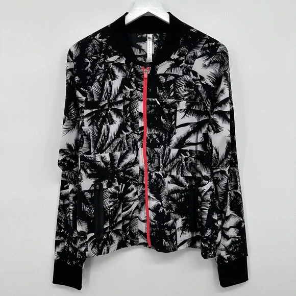 Fabletics Jacket Womens Large Black White Palm Print Full Zip Athletic Pockets‎