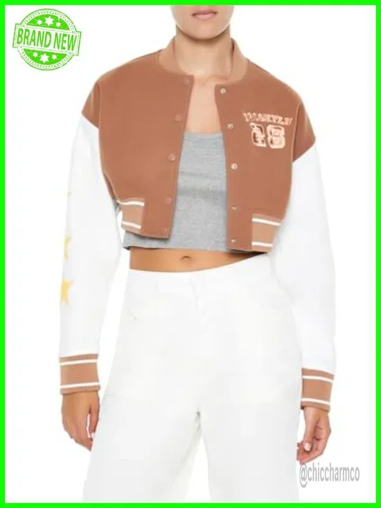 Cropped Varsity Letterman Jacket with Chenille Patch