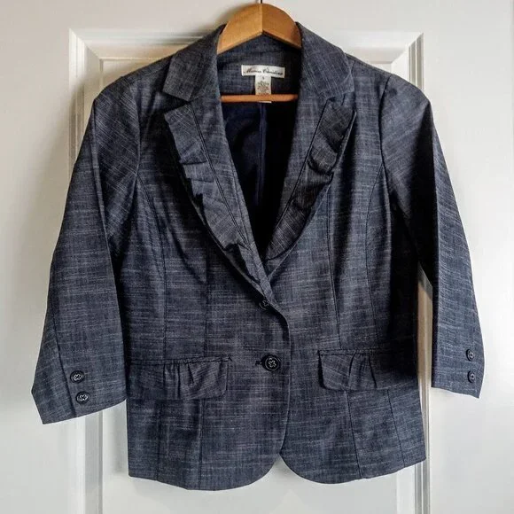 Marisa Christina Denim Blue Ruffle Collar Cotton Jacket