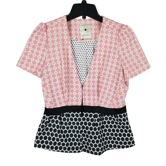 Anthropologie Elevenses Peplum Jacket Women 2 Pink Black Polka Dot Short Sleeve
