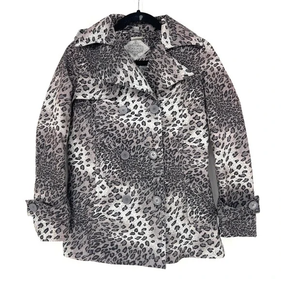 Anthropologie Joujou Gray Leopard Trench Short Double Breasted Jacket Large‎ EUC