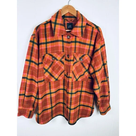 Wild Fable Women Sz M Flannel Shacket Plaid Orange Pink Shirt Jacket Wool‎ Blend