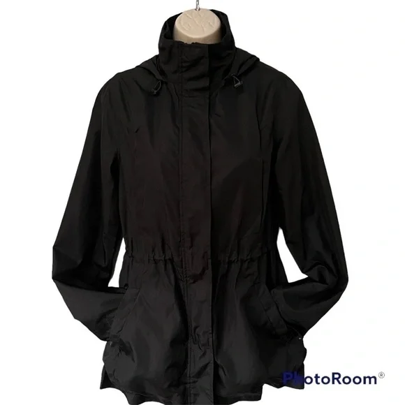 A New Day black mid length zipper snap hoodie windbreaker pockets cinch waist XS
