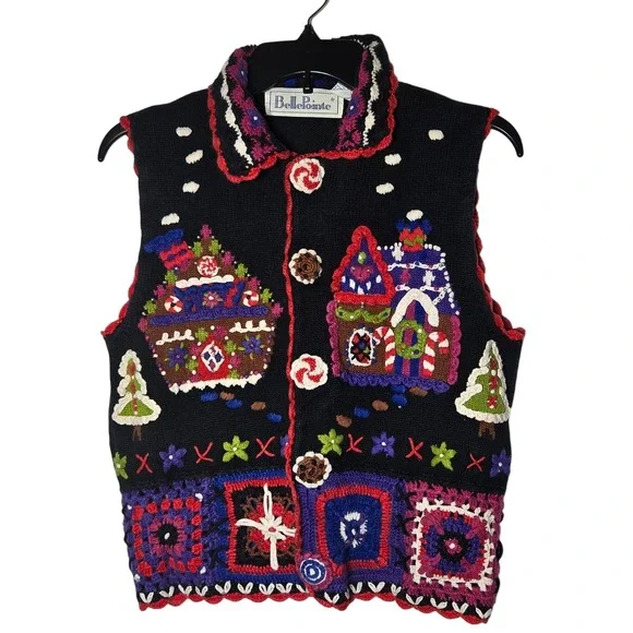 Gingerbread House Christmas Vest Size Small Festive Ugly Granny Square Crochet‎