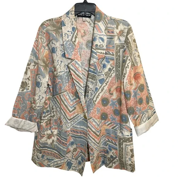 Sag Harbor Blazer Jacket Size 14 Abstract Pastel Floral Pattern 3/4‎ Sleeve NWOT