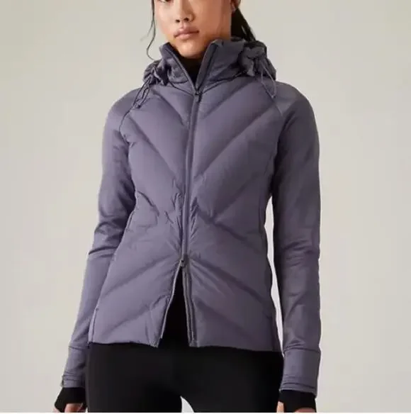 Athleta Inlet Down Puffer Jacket XL Nightfall Purple Zip Insulated Hood Puffy