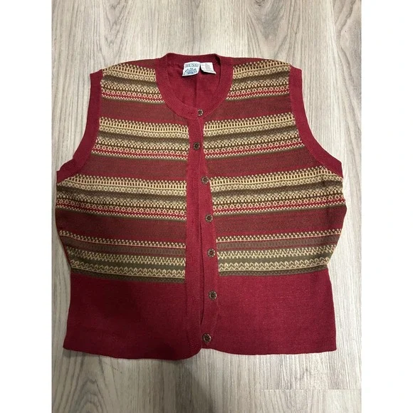 Russ State of Blue Women XL Red Brown Fair Isle Knit‎ Vest Sweater Vintage red