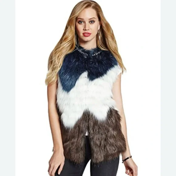 Guess Fur Vest Chain Detail Color Block Shaggy Chic Indie Sneeze‎ Boho Sz XSmall