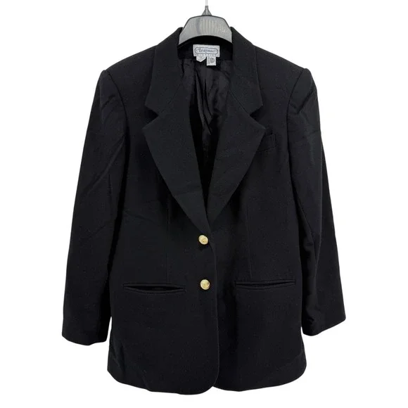 Vtg. Bridgewater Classics 100% Wool‎ Blazer Black Gold Buttons Jacket Womens 12