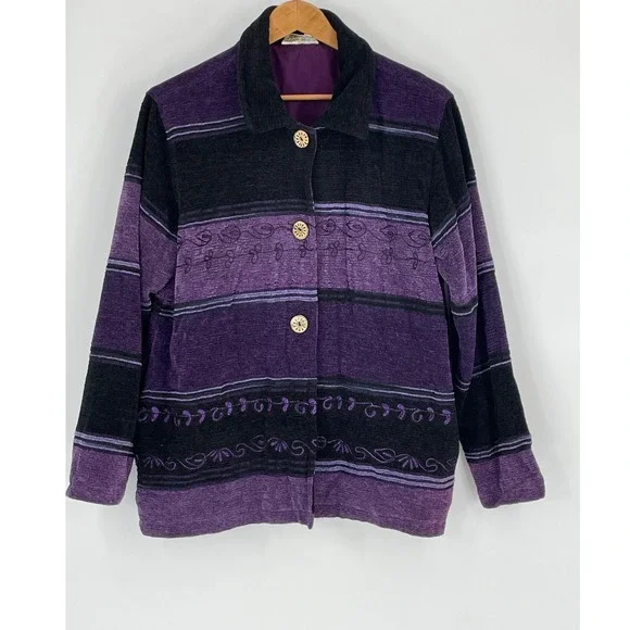 Coldwater Creek‎ Women Jacket L Button Front Purple Striped Embroidered BOHO