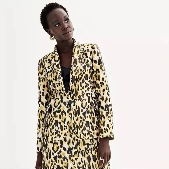 Nine West Women's‎ Medium Blazer Gold Leopard Print Metallic Jacquard Safari NEW