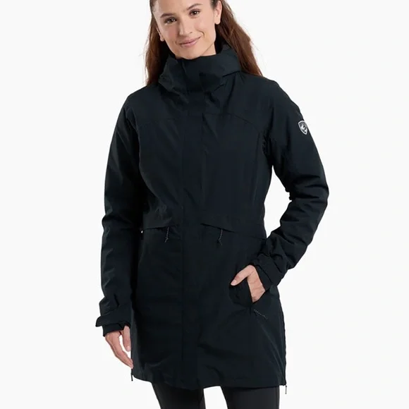 Kuhl Women's Stretch Voyagr Insulated Hooded Black long zip up Parka Size XL