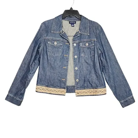 Ann Taylor Denim Jacket‎ Lace Hem Size Medium 100% Cotton