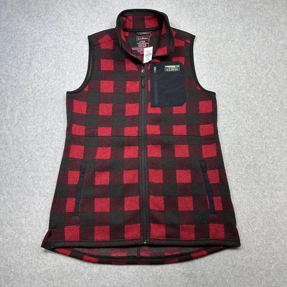 LL Bean Sweater Fleece Long Vest Womens Small Red Buffalo Plaid Full Zip Pockets