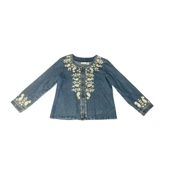 Hannah Boho Floral Embroidered Sequin‎ Zip Up Lightweight Denim Jacket SZ LG