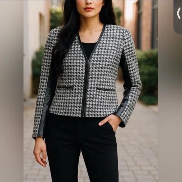 St John Collection Houndstooth Luxury Business Casual Jacket Black White Size 16