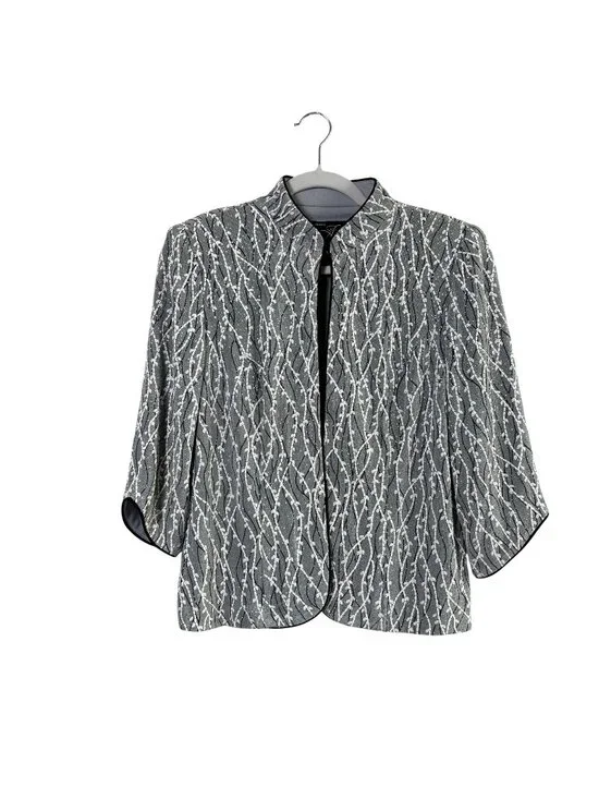 Alex Evenings Jacket Petite S SP Gray Black Metallic 3/4 Sleeves Mandarin Collar