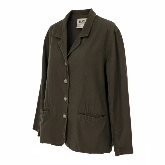 FLAX 100% Cotton Lagenlook Jacket Blazer Olive‎ Button Front Pockets Women’s M