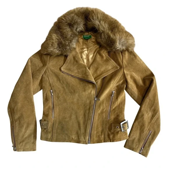 United Colors of Benetton Y2K European Suede Moto Jacket Faux Fur Collar Women38