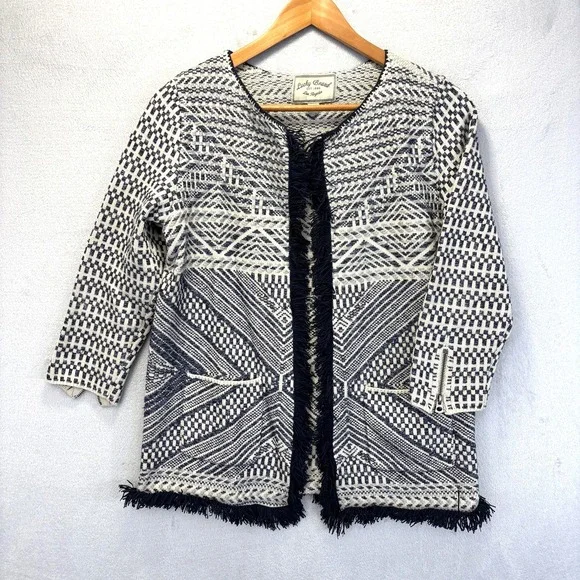 Lucky Brand Geometric Fringe Knit Coatigan‎ Jacket Womens Large Blue Boho Tribal