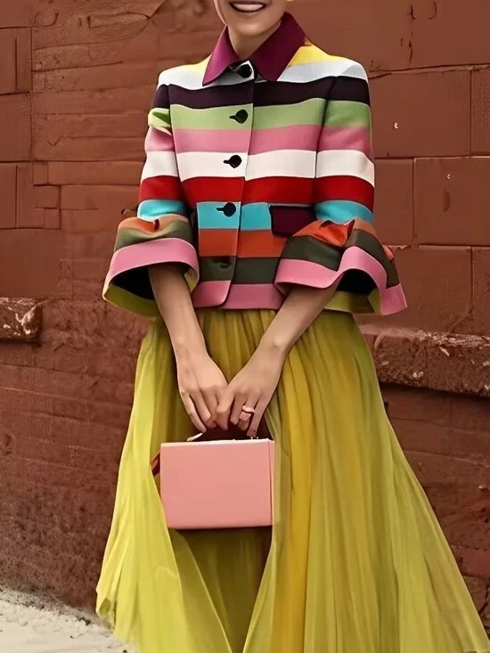 Female Vintage Multi-Colored Striped Lapel Elegant Jackets New Flared Sleeves