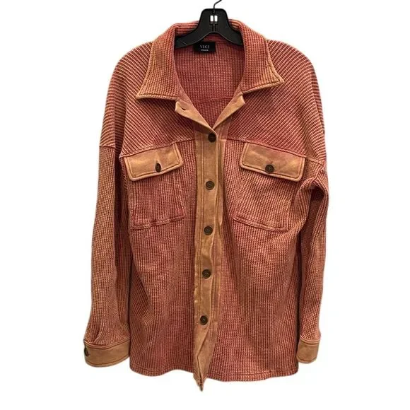 Vici Rigo Coral Pink Orange Sherbet Waffle Knit Oversized Button Down Shacket Sm