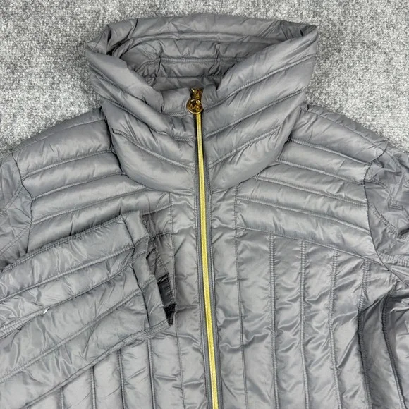 Michael Kors Down Puffer Jacket Women Large Gray Packable Gold Zip Funnel Neck