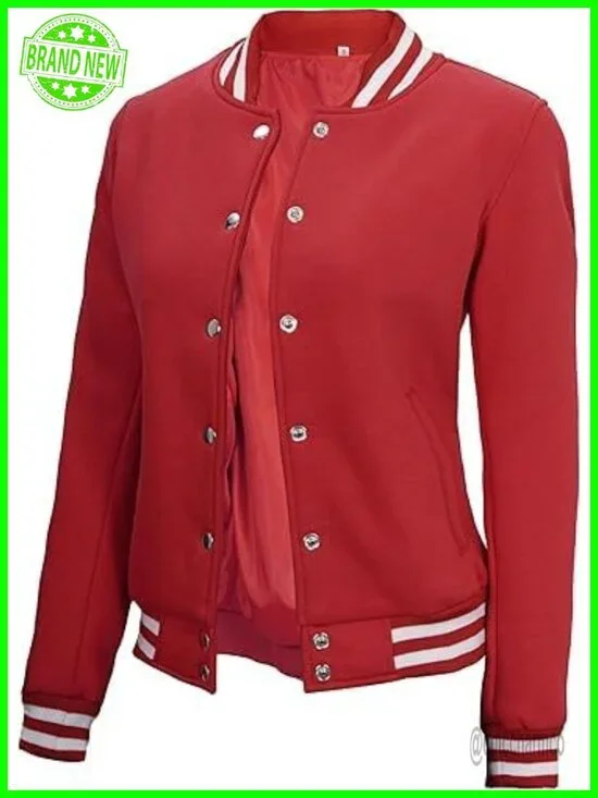 Women's Varsity Bomber Jacket Fleece Letterman Snap Button Baseball Style