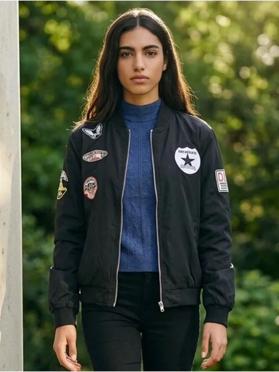 NWT - Women’s Curvy Plus Retro Patches Front Zipper Black Bomber Jacket Size 1XL