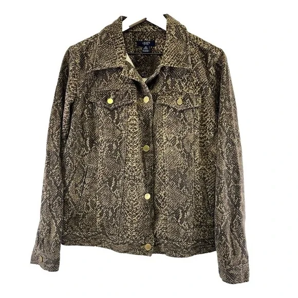 Chaps Snakeskin Python Denim Jacket Brown Button Stretch Flap‎ Pockets Womens 1X