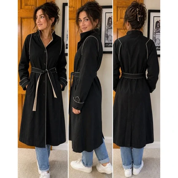 Foxland Belted Trench Coat Black Contrast Piping Long‎ Jacket Womens Lightweight