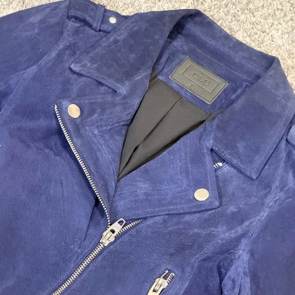 SL8 Navy‎ Blue Suede Leather Cropped Biker Jacket Womens Size L 18 P2P x 20 L