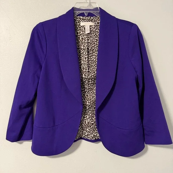 Chico's Purple Open Front Blazer Shawl Collar Leopard Print Lining Size 1‎ M