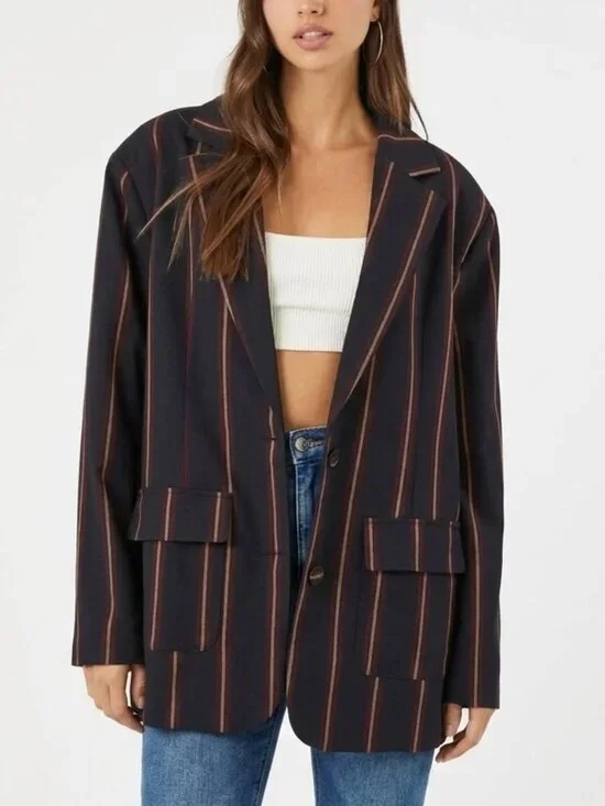 Forever 21 Dark Academia Striped Blazer Burgundy Gold Size M Preppy