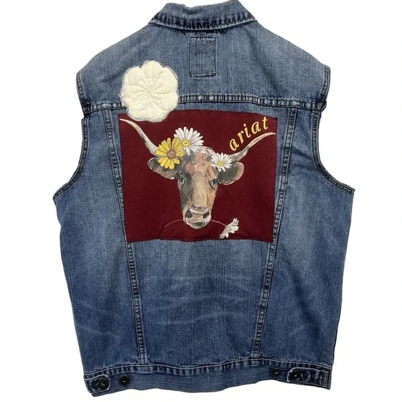 Upcyled Reworked Denim Trucker Vest Womens L Cow Flowers Quilted Flower Raw Edge
