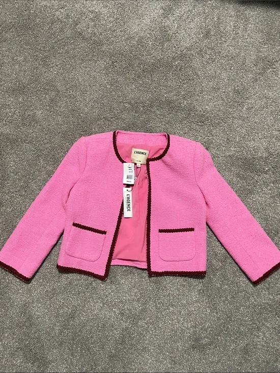 L'AGENCE Girls' Pink Jacket with Burgundy Trim