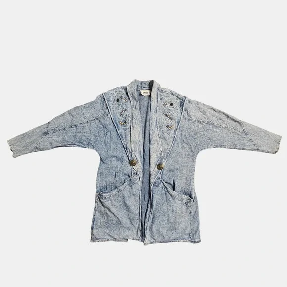 Vintage 90s Sunny Sport Metal Studded Acid Wash Blazer Denim Jacket 8 Retro‎